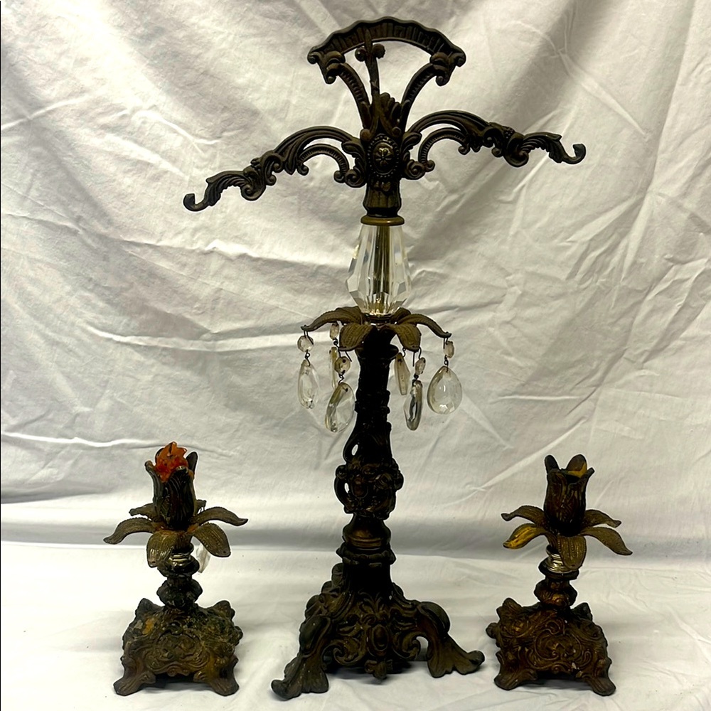 Vintage Brass Or Cast Iron Scales Of Justice and 2 candle holder  3 pieces